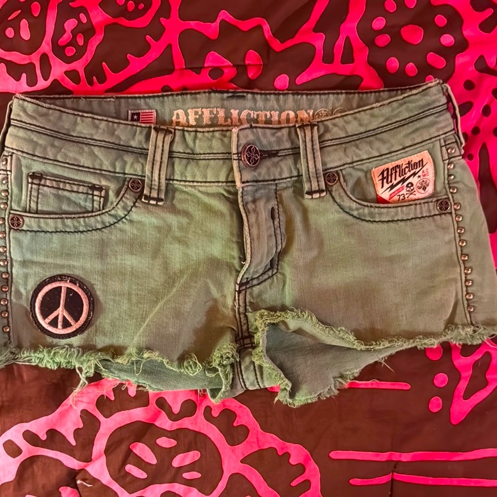 Affliction Green Jean Shorts Distressed Vintage Style